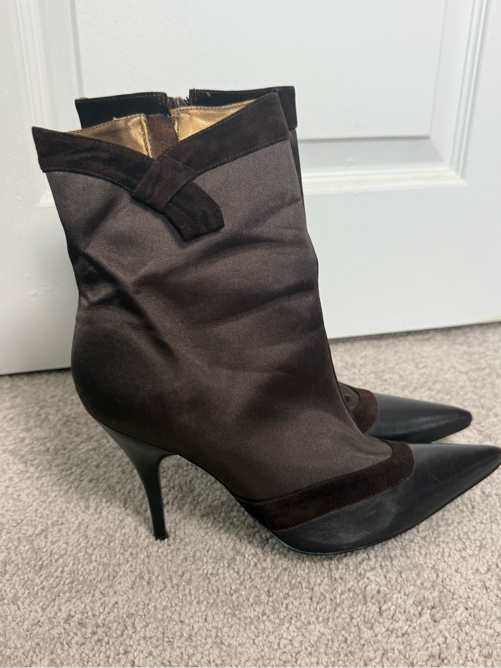 BCBG Satin Brown and Black Pointed-Toe Ankle Booties